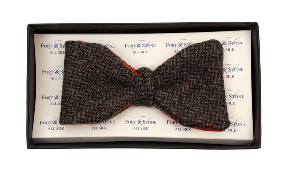 Regent - Tweed Fixed Bow Tie - Charcoal Large Herringbone w/ Orange - Regent Tailoring