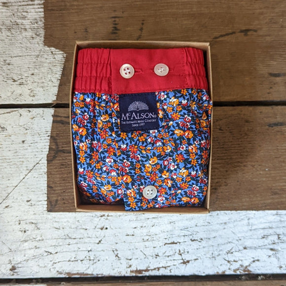 McAlson boxers in steel blue with red and orange floral pattern and matching red waistband.