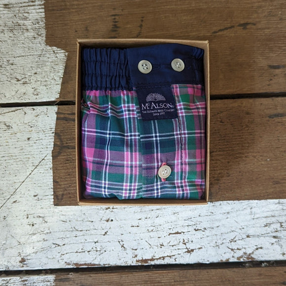 McAlson boxers in pink, green and navy plaid with navy matching waistband.