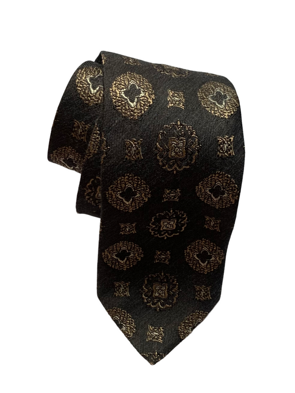 Regent woven cotton & silk tie made in Italy.  Slate grey with antique gold accent pattern