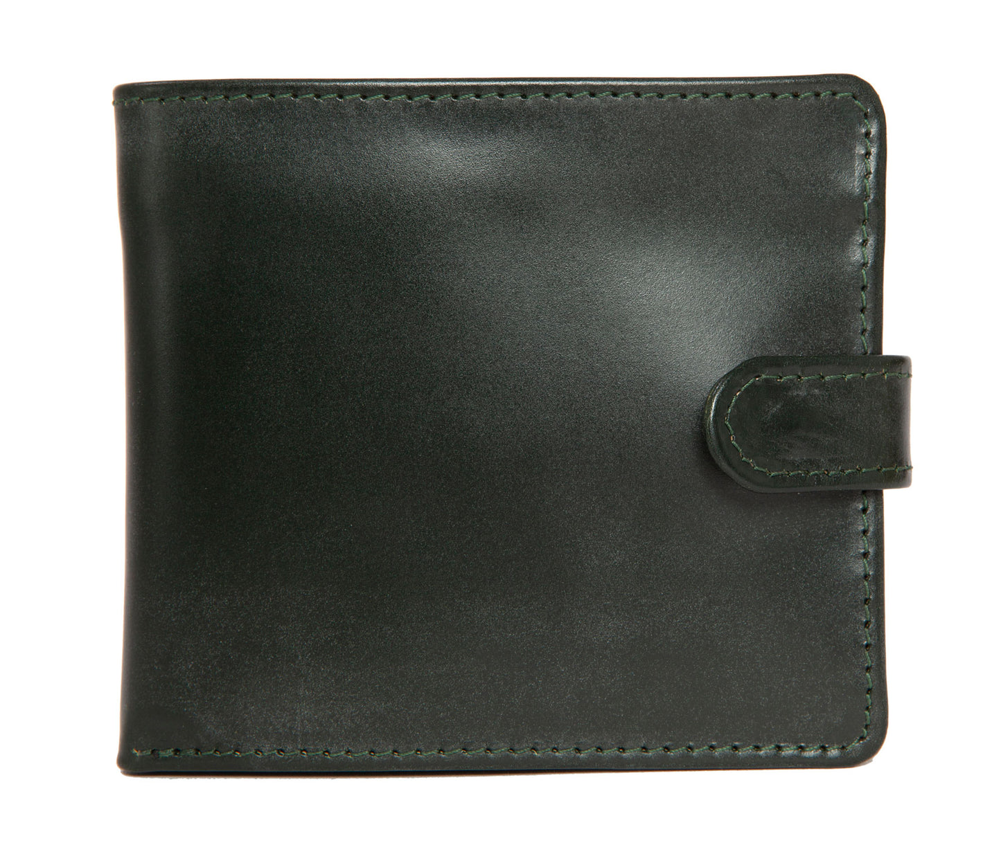 Luxury British racing green wallet designed and made in England exclusively for Regent in bridle leather, featuring button fastening, burgundy silk lining and coin, card and note compartments.