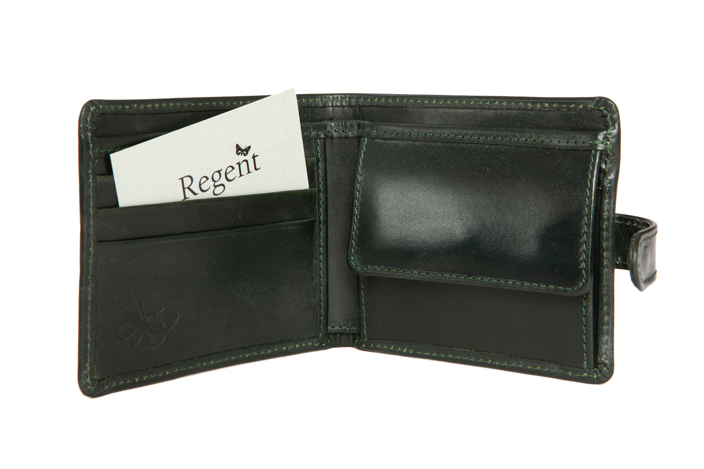 Luxury British racing green wallet designed and made in England exclusively for Regent in bridle leather, featuring button fastening, burgundy silk lining and coin, card and note compartments.