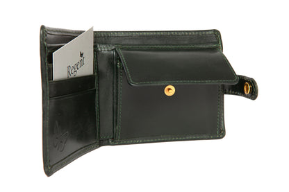 Luxury British racing green wallet designed and made in England exclusively for Regent in bridle leather, featuring button fastening, burgundy silk lining and coin, card and note compartments.