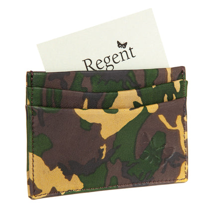 Leather and silk lined army camo cardholder designed and made in England exclusively for Regent.