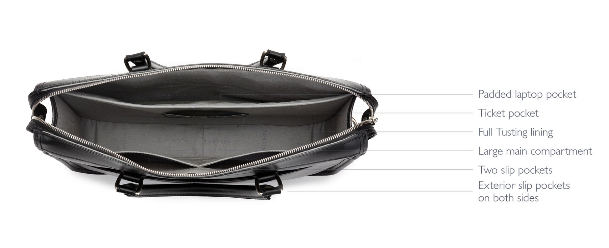 Leather briefcase with detachable shoulder strap, lining, several storage compartment options and metal fittings from English Heritage brand Tusting. 