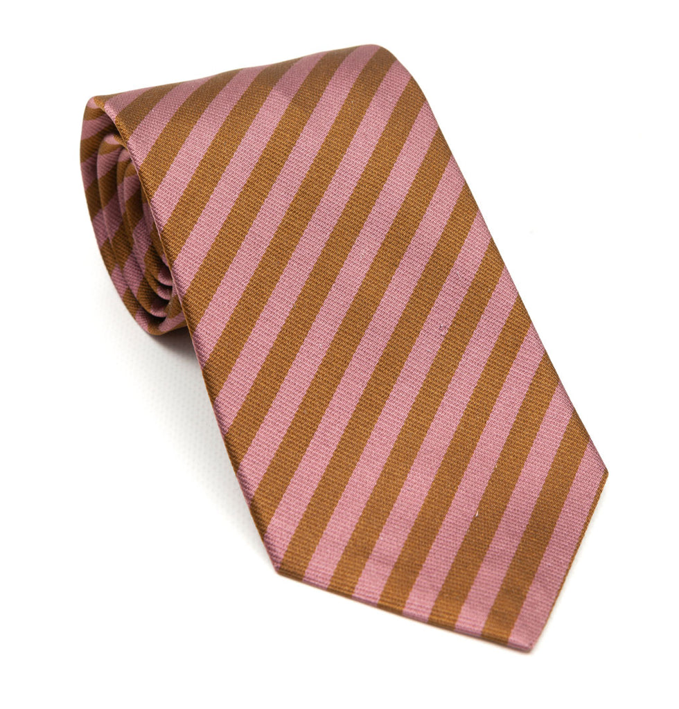 A luxury silk tie designed by and handmade exclusively for Regent. Soft pink and burnt gold stripes combine for an unusual and striking finish - great with a blue suit for a wedding. 