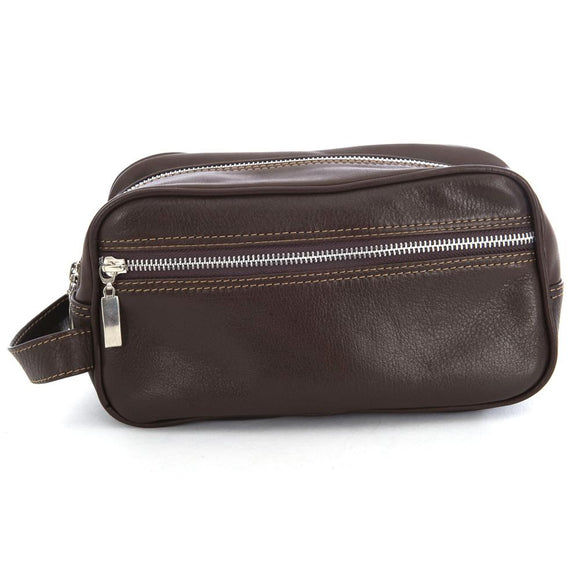 Soft leather washbag with waterproof lining, zip closure, carry handle and long internal and external pockets
