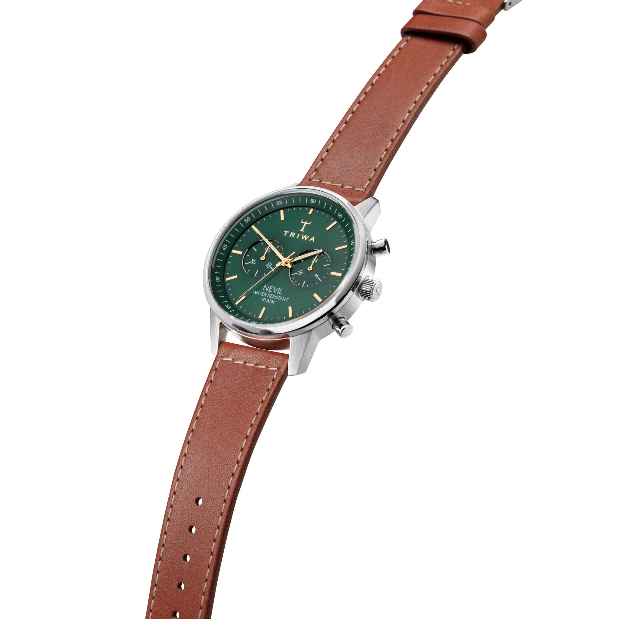 Supreme quality Swedish-made and designed watch in brushed steel with green face and brown leather strap, designed by Stocholkm-based Time Lords Triwa. 