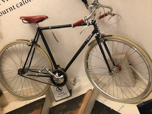 Regent Racer featuring steel lugged frame, sturmey archer 3-speed, moustache handlebars and Brooks leather saddle and grips