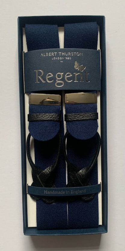 Navy box cloth braces with nickel fittings and black leather ends, designed and made in the UK exclusively for Regent. The braces are supplied with brace buttons for your trousers. 