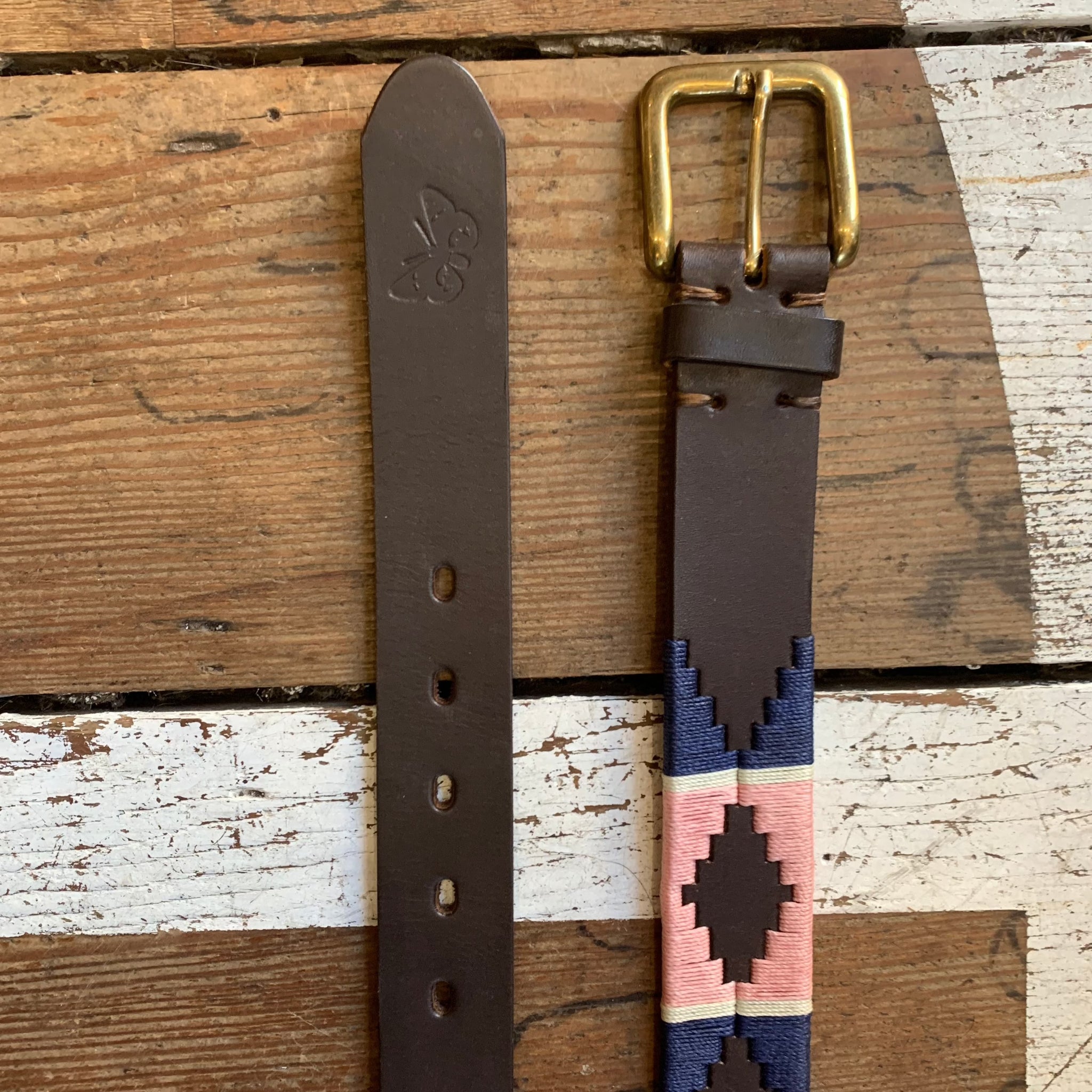 Regent – Polo Belt – Embroidered Leather – Navy & Pink