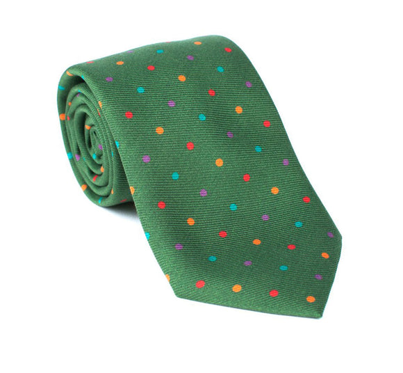 Regent - Woven Wool Tie - Dark Green with Mulit-Couloured Spots - Regent Tailoring