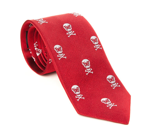 Regent Woven Silk Tie - Red with Regent Skull and Butterfly
