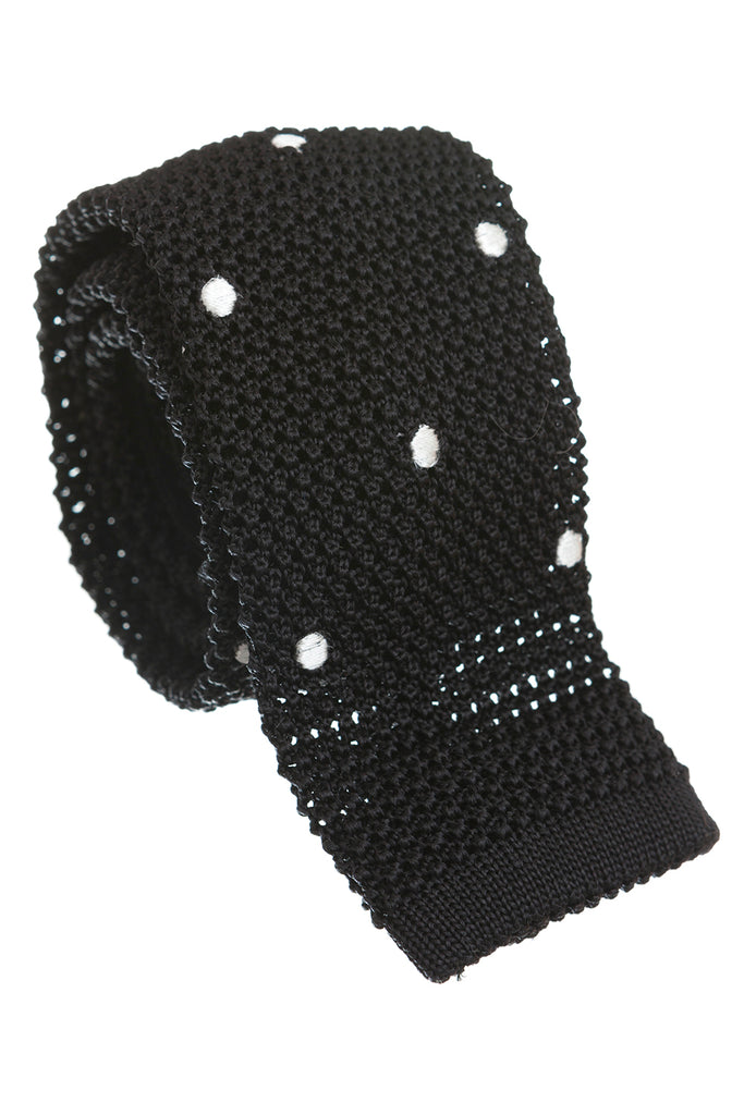 Regent - Knitted Silk Tie - Black with White - Spots - Regent Tailoring