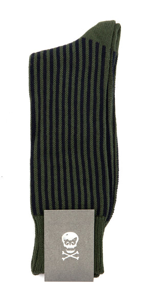 Regent Socks - Cotton - Black and Khaki Green Vertical Stripe