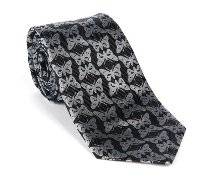 Regent - Woven Silk Tie - Black With Silver Butterflies - Regent Tailoring