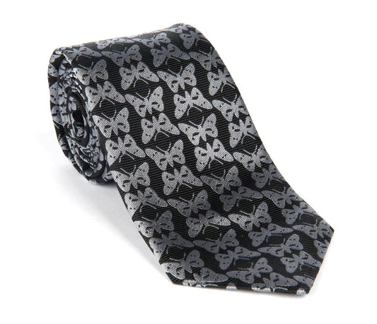 Regent - Woven Silk Tie - Black With Silver Butterflies - Regent Tailoring Salisbury