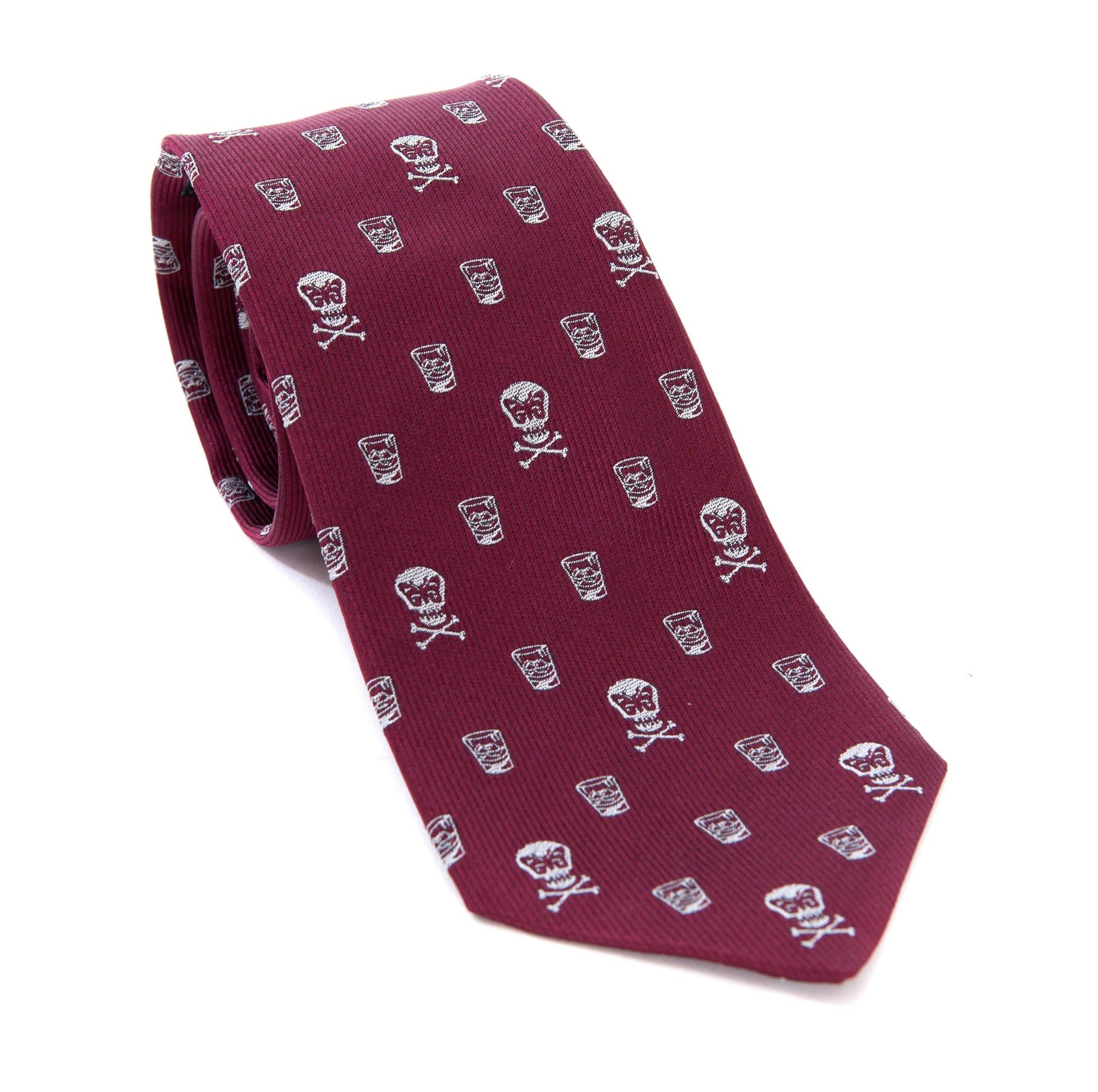Regent - Woven Silk Tie - Burgundy with Skull and Whisky - Regent Tailoring Salisbury