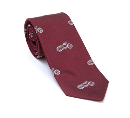 Regent - Woven Silk Tie - Burgundy with White Motorbike - 234 - Regent Tailoring Salisbury