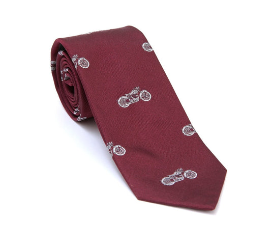 Regent - Woven Silk Tie - Burgundy with White Motorbike - 234 - Regent Tailoring Salisbury