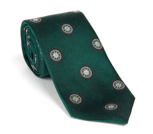 Regent - Woven Silk Tie - Dark Green with Bike Wheels - Regent Tailoring Salisbury