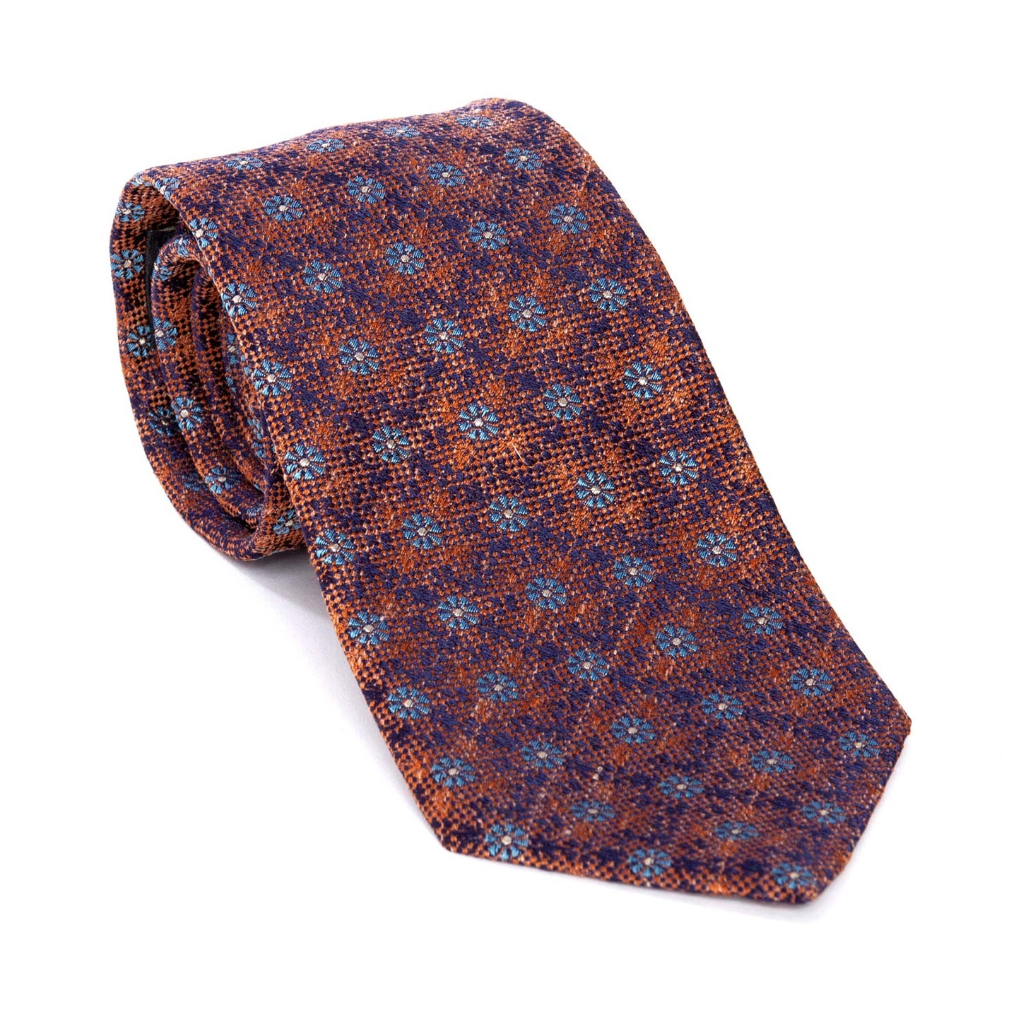Regent - Woven Silk Tie - Dark Orange With Blue Flowers - Regent TailoringRegent