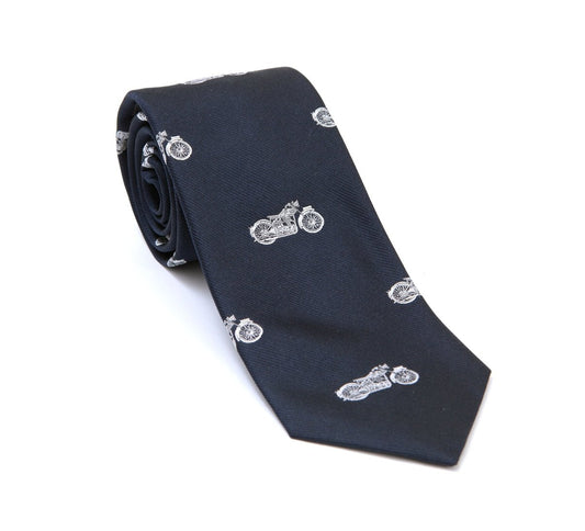 Regent - Woven Silk Tie - Navy With White Motorcycles - 228 - Regent Tailoring Salisbury