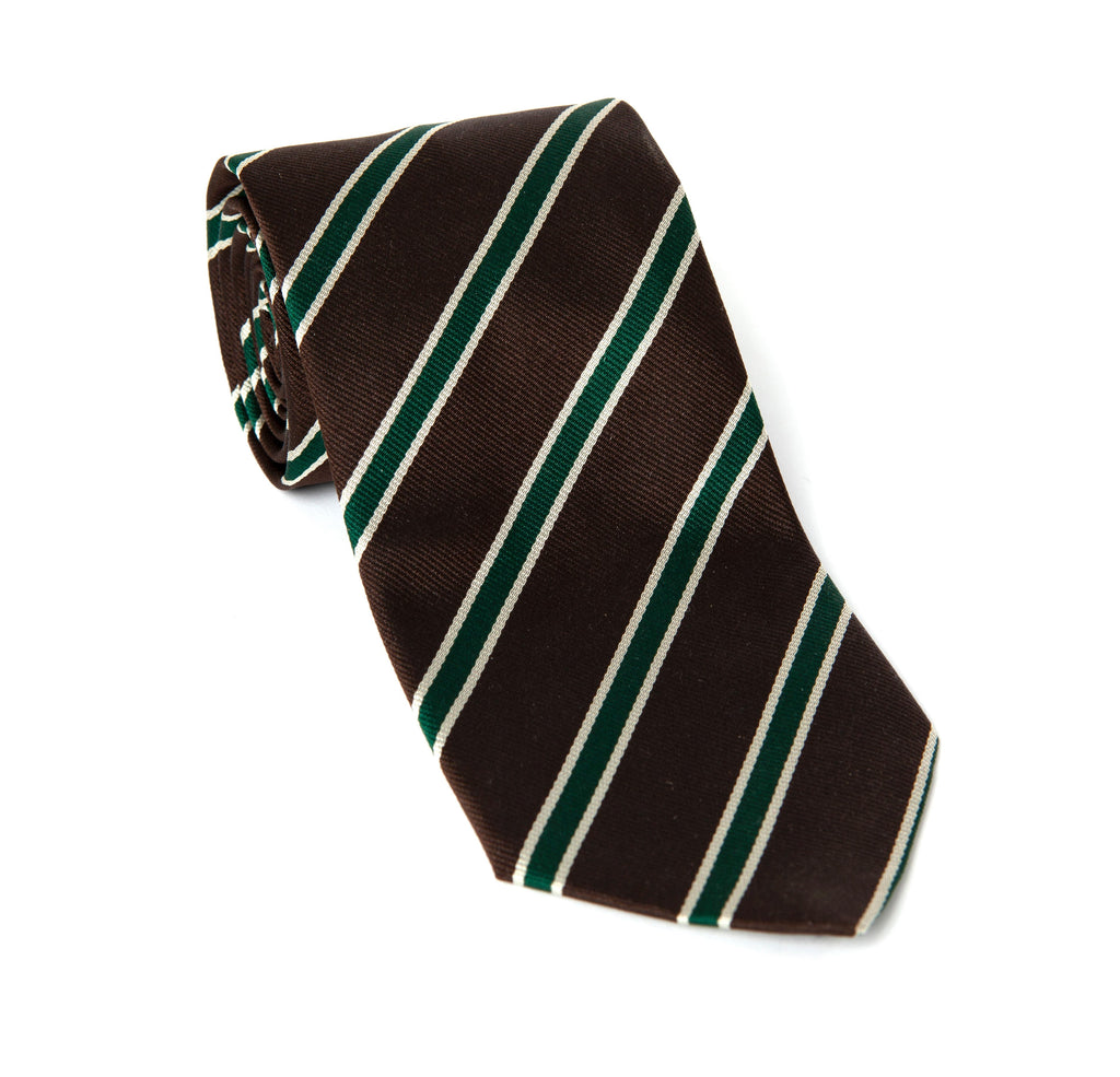 Regent - Woven Silk Tie - Brown w/ Green Stripe - Regent Tailoring