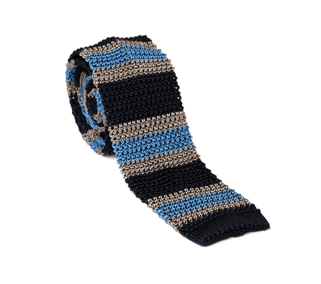 Regent  - Knitted Silk Tie - Navy, Grey and Sky Blue - Stripe - Regent Tailoring