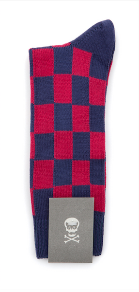 Regent Socks - Cotton - Raspberry Red and Blue Tile Check