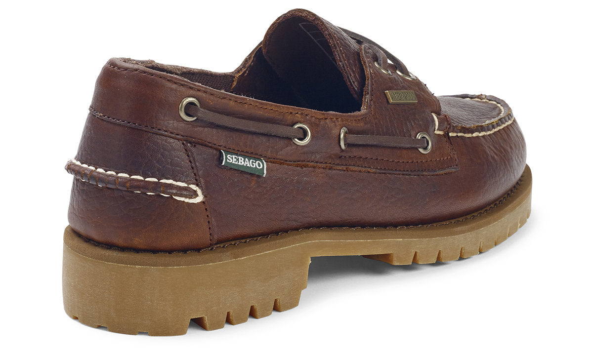 Waterproof tumble grain leather moc shoe from original deck-shoe maestros, Sebago, featuring handsewn construction, cowhide lacing system and cushioned sock lining.