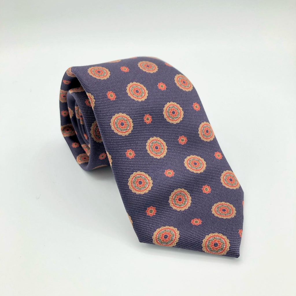 Regent - 100% Silk Tie - Royal Blue with Red & Gold Geometric Pattern