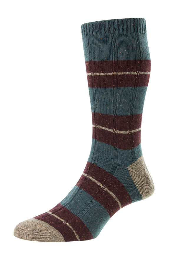 Wool-composite socks made in the UK by Heritage socks masters Scott-Nichol in blue and maroon stripe with chalk line-stripe overcut. 
